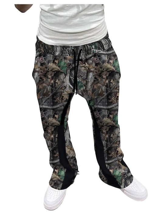 GORGLITTER Mens Camo Sweatpants Drawstring Waist Patchwork Stacked Flared Joggers Camo Medium