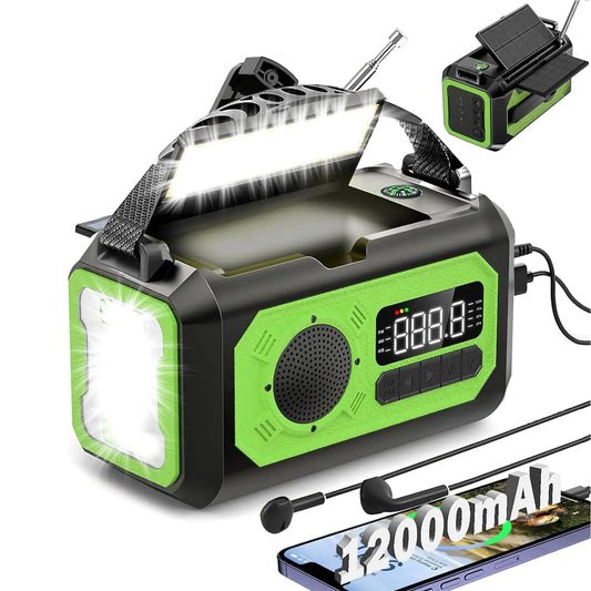 12000mAh Hand Crank Emergency Radio AM/FM/NOAA Weather Radio Emergency RadioMulti-Function Solar Powered Radio2 Solar PanelsUSB Type-C ChargingTorch & LED Reading LampSOS AlarmCompass(Green)