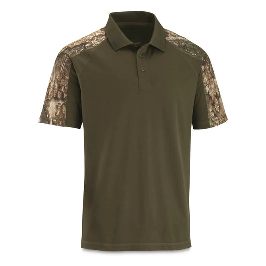 Guide Gear Mens Camo Detail Polo Shirt; Outdoors Clothing for Hunting Fishing Hiking or Working Olive/RT APX 3XL