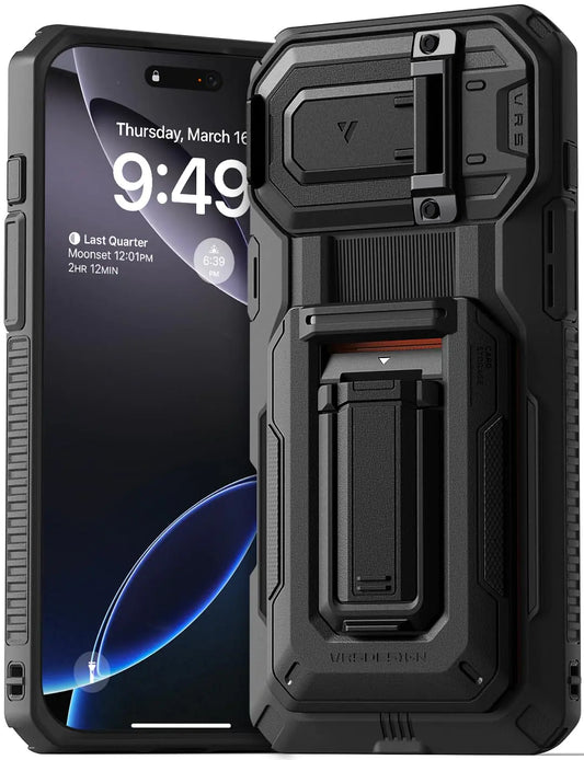 VRS DESIGN Origin Wallet Card Holder Case [3 Cards] for iPhone 16 Pro Max (2024) Rugged Semi-Automatic 3-Card Slot & Kickstand Case (Matte Black)