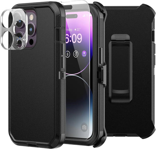 Defenbox for iPhone 14 Pro Max Case with Belt Clip HolsterCamera Lens + Screen ProtectorShockproof Heavy Duty Military Grade Drop Protection Full Body 3-Layer Rugged Phone Cover (Black)