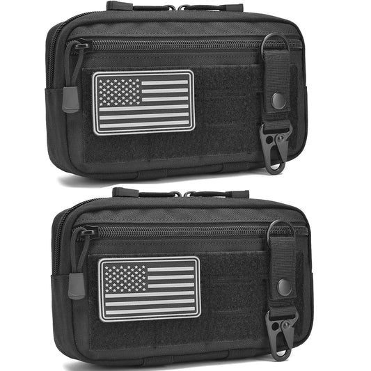 2 Pack Tactical Molle Admin Pouch with US Flag Patch and Keychain - Utility Laser Cut Tactical EDC Tool Pouch Bag Horizontal Modular Pouches Utility Tool Pouch (Black)