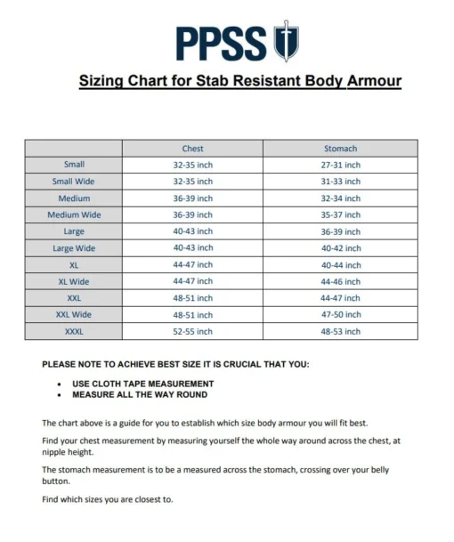 PPSS Group Covert Stab Body Armour -Tactical Equipment Shop PPSS Sizing Chart Stab Resistant Body Armour 002